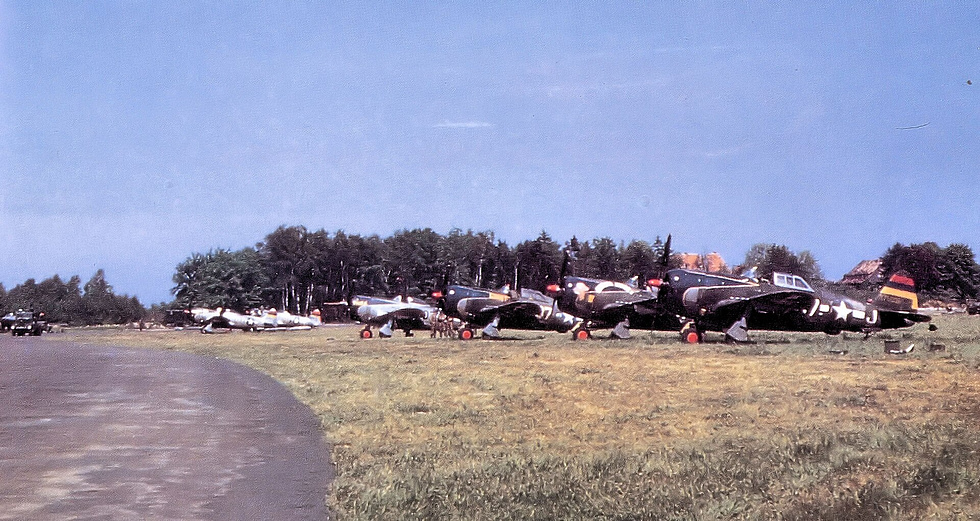 P-47 Thunderbolts of the 406th Fighter Group in flight, 1945 the most-produced US fighter of the war.