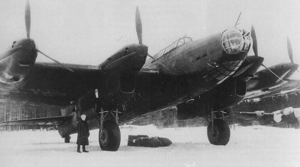 A Pe-8 at a snow-covered airfield near Moscow the type flew long-range night raids in brutal cold.