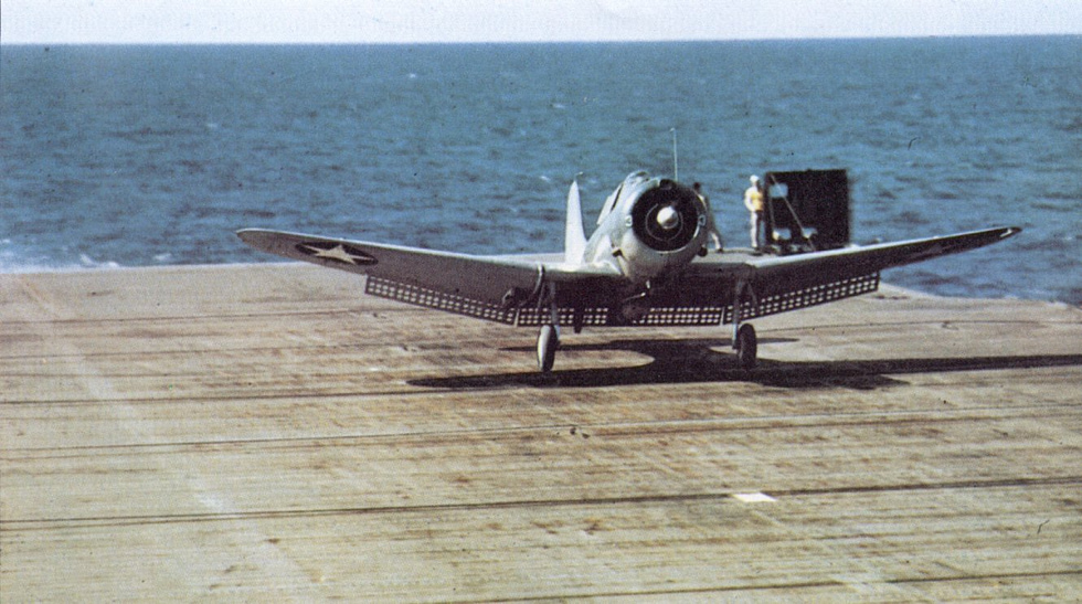 A Dauntless catches a wire landing aboard the carrier USS Ranger, 1942.