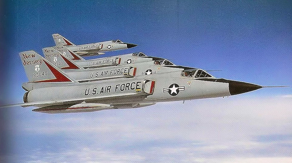 A four-ship of F-106s the interceptors that stood NORAD alert for three decades.