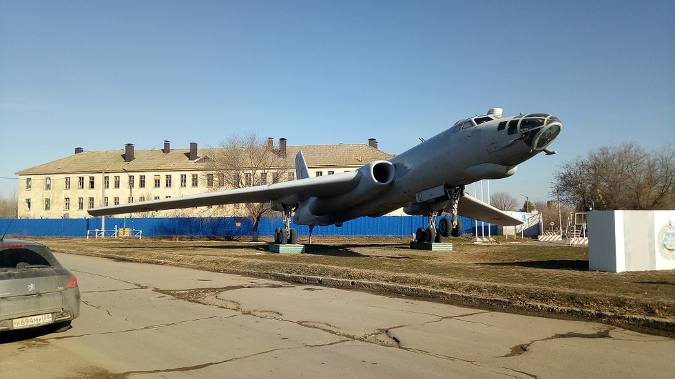 A preserved Tupolev Tu-16 on display at Akhtubinsk, Russia the shape of the original 1950s bomber.