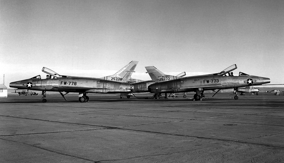 Three early F-100As at NACA in 1955 the lengthened vertical fin fix is visible on the left aircraft.