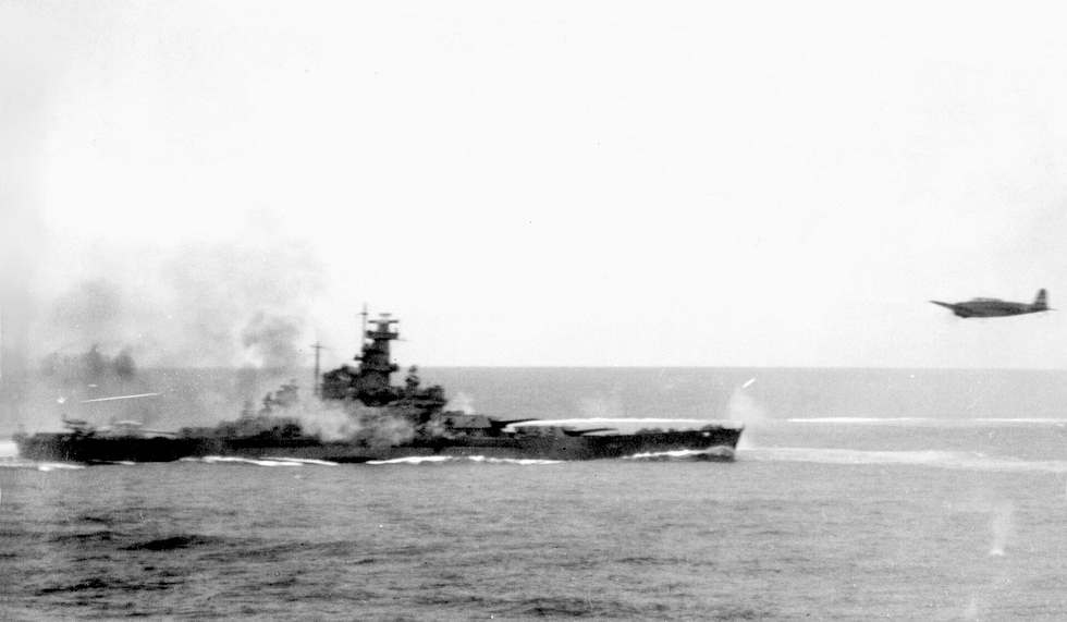 A B5N2 presses home its attack near USS South Dakota at the Battle of the Santa Cruz Islands, 26 October 1942.