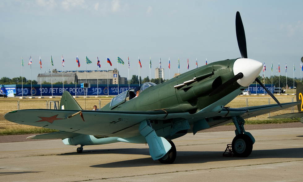 A MiG-3 on display at a Russian airshow, wearing wartime red-star markings.