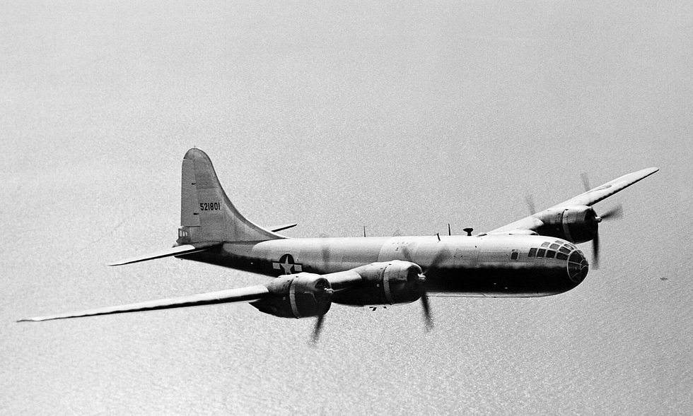 A B-29 Superfortress in flight the pressurised, very-long-range bomber that ended the Pacific war.