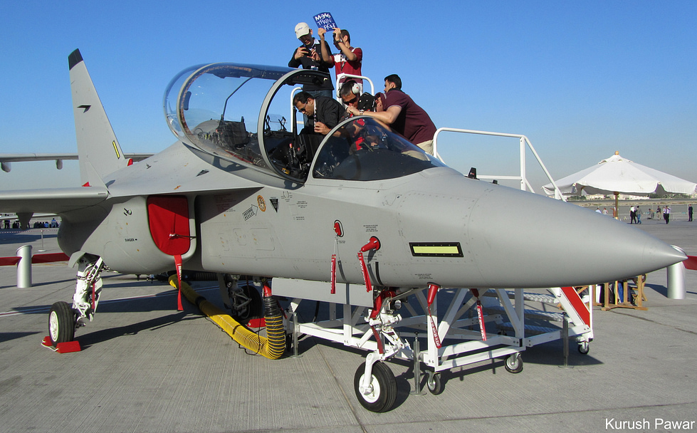 An Aermacchi M-346 Master up close the shoulder-mounted vortex-lift wing and leading-edge root extensions give the high angle-of-attack handling that mimics a front-line fighter.