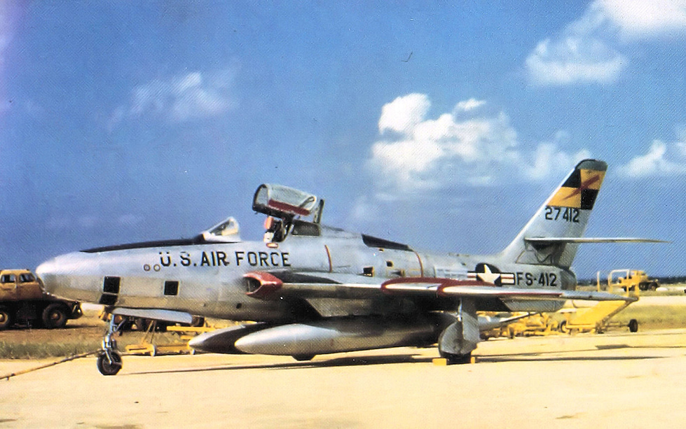 An RF-84F Thunderflash reconnaissance jet note the wing-root intakes and camera nose.