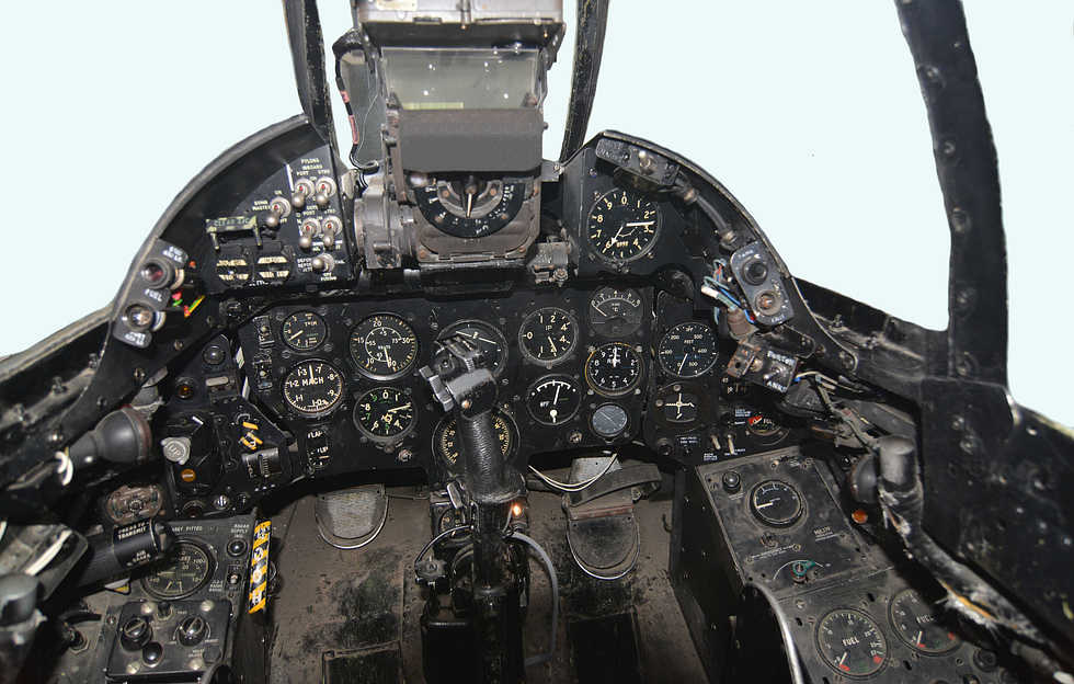 Inside a Hawker Hunter cockpit the office of a 1950s transonic fighter.