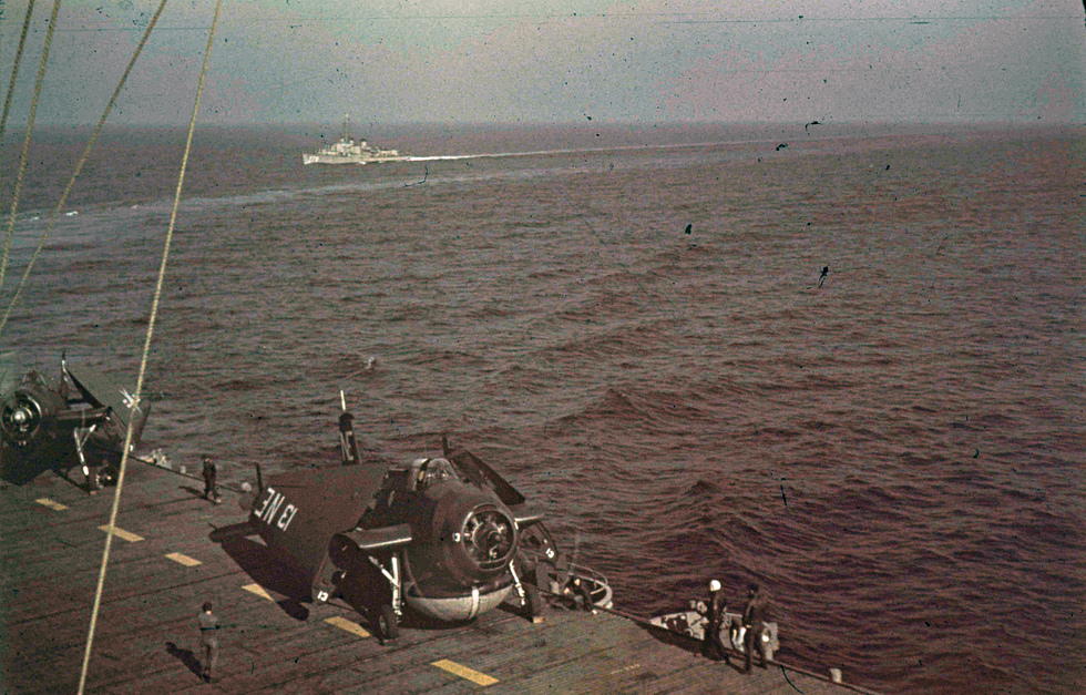 A radar-equipped TBM-3W AEW Avenger of VC-12 aboard the escort carrier USS Siboney.