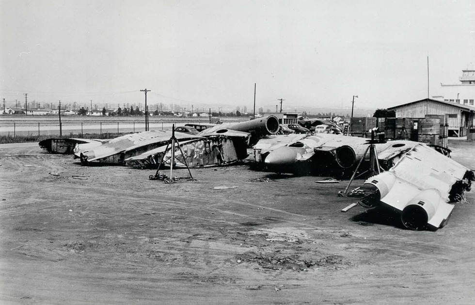 The end of the dream: a Northrop flying wing broken up for scrap.