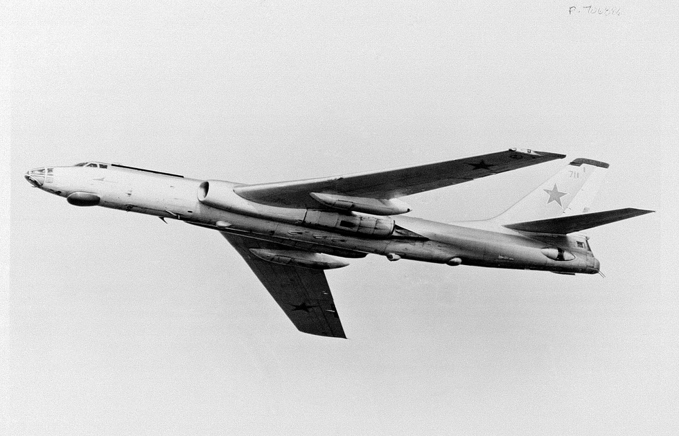 A Soviet Tu-16 Badger seen from below the swept wing and wing-root engines that defined the type.