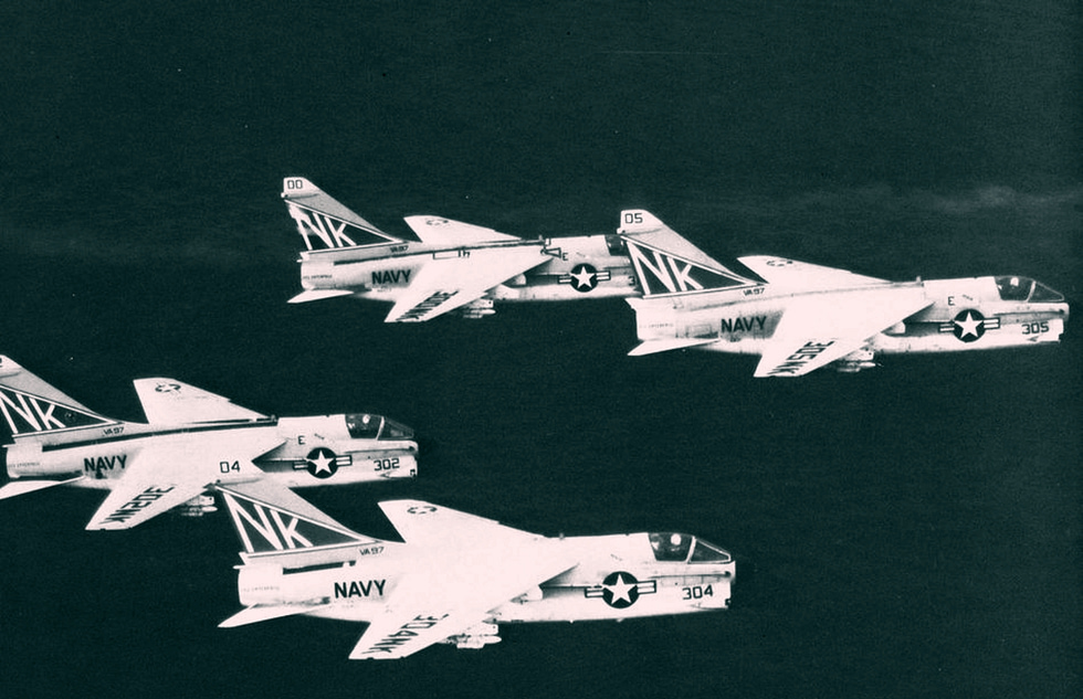 A four-ship of U.S. Navy A-7Es of VA-97 in formation, circa 1971.