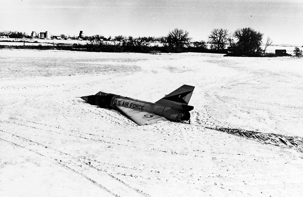 The 1970 Cornfield Bomber (58-0787), which landed itself pilotless in a snowy Montana field.