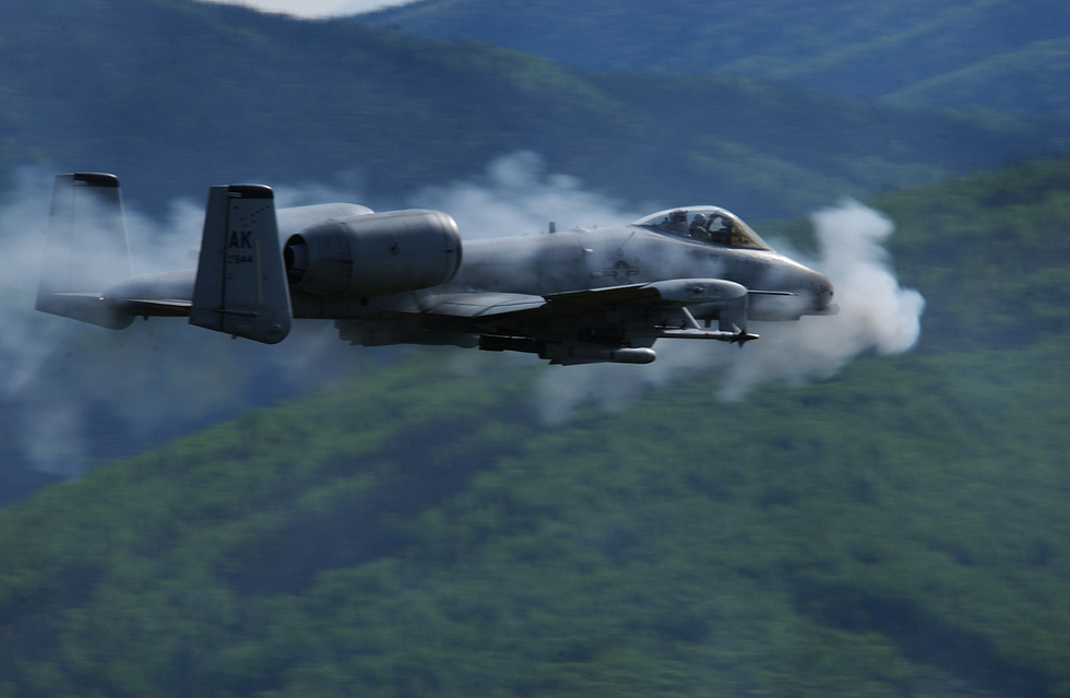 An A-10 firing its GAU-8 Avenger cannon on a gun run the source of the BRRRT.