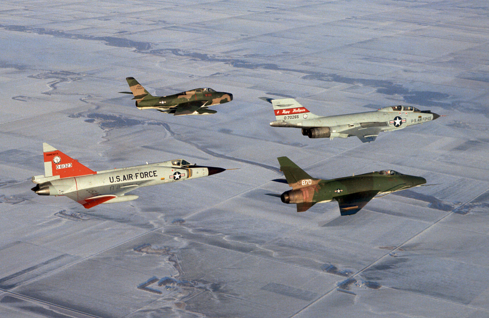 A Century-series formation, c.1970: an F-101B flies with an F-100, an F-102 and an F-84F of the Air National Guard.