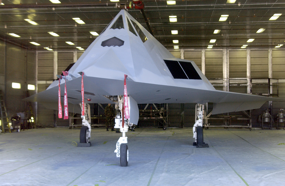 An F-117 in an experimental light-grey scheme a rare Nighthawk in Raptors clothing.