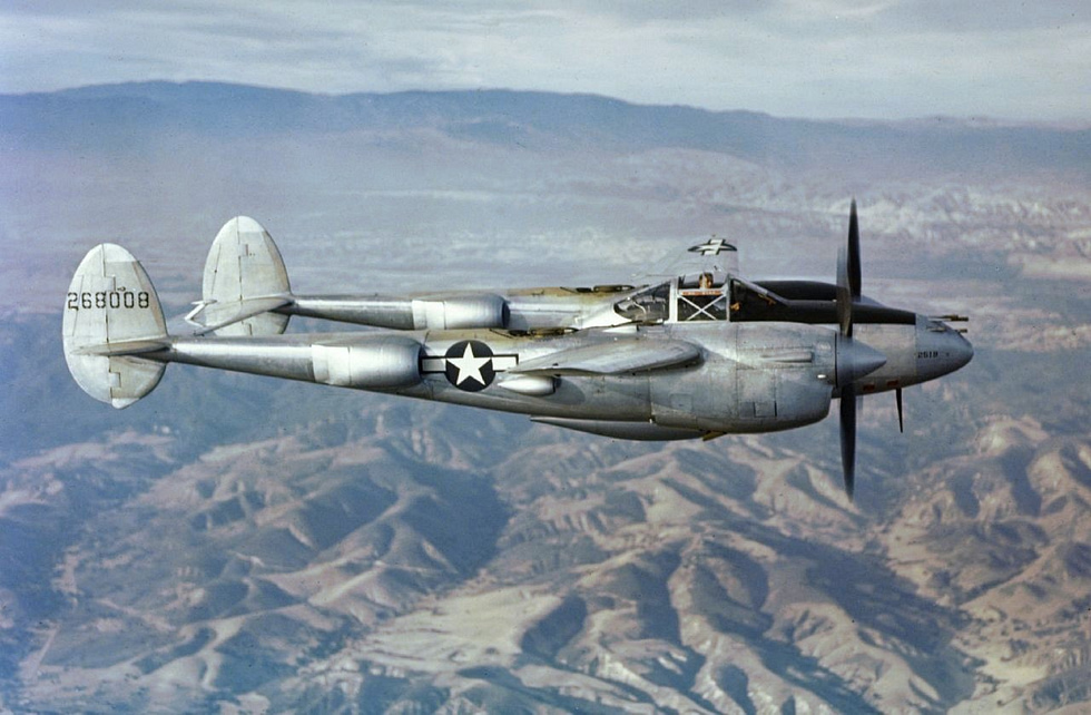 A P-38J in flight over California the classic wartime Lightning silhouette.