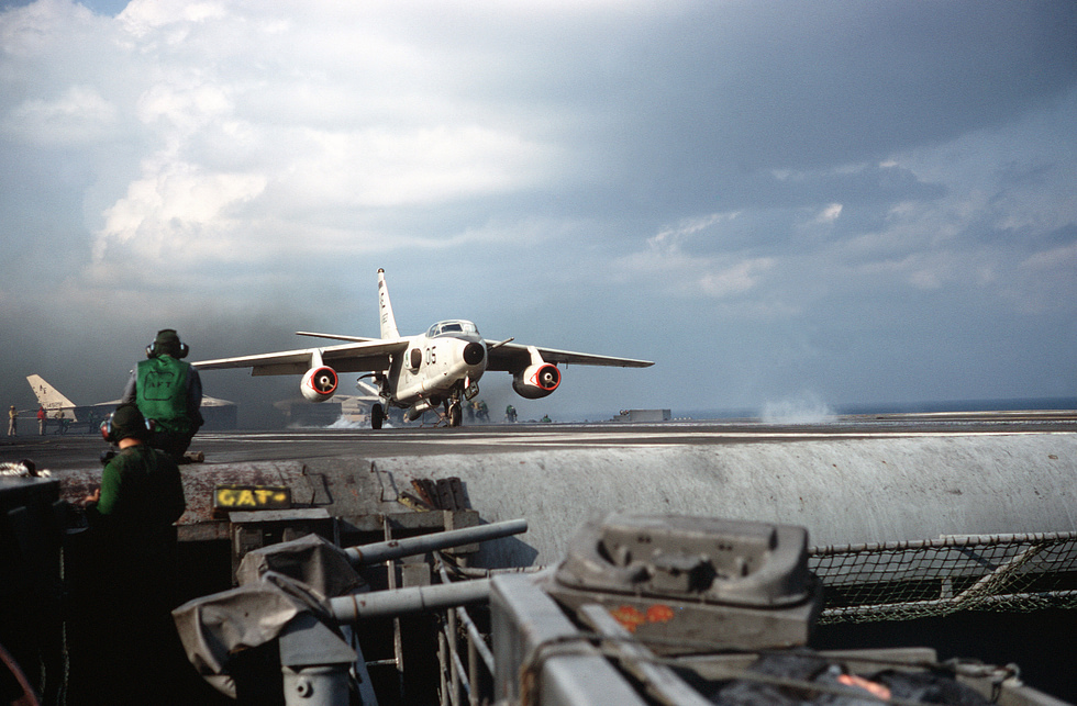 An EKA-3B tanker/ECM Skywarrior mid-catapult launch from USS America, 1968 the Whale leaving the deck.