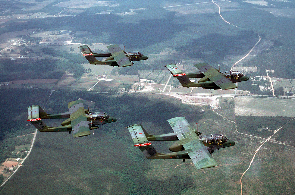 Two OV-10A Broncos of the 20th Tactical Air Support Squadron in formation the twin-boom planform clear from above.