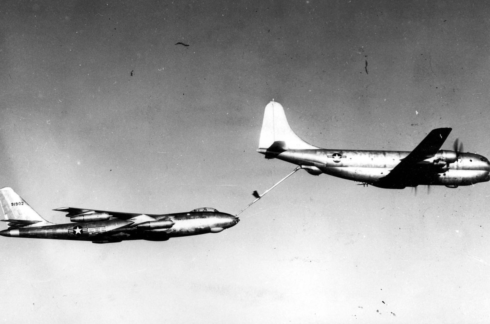 A B-47 takes on fuel from a KC-97 tanker range was always the Stratojets weakness.