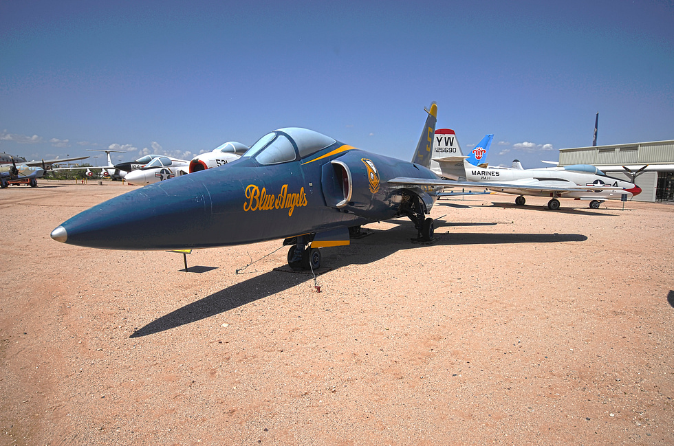 A former Blue Angels F-11 Tiger preserved at the Pima Air Space Museum, in team colours.