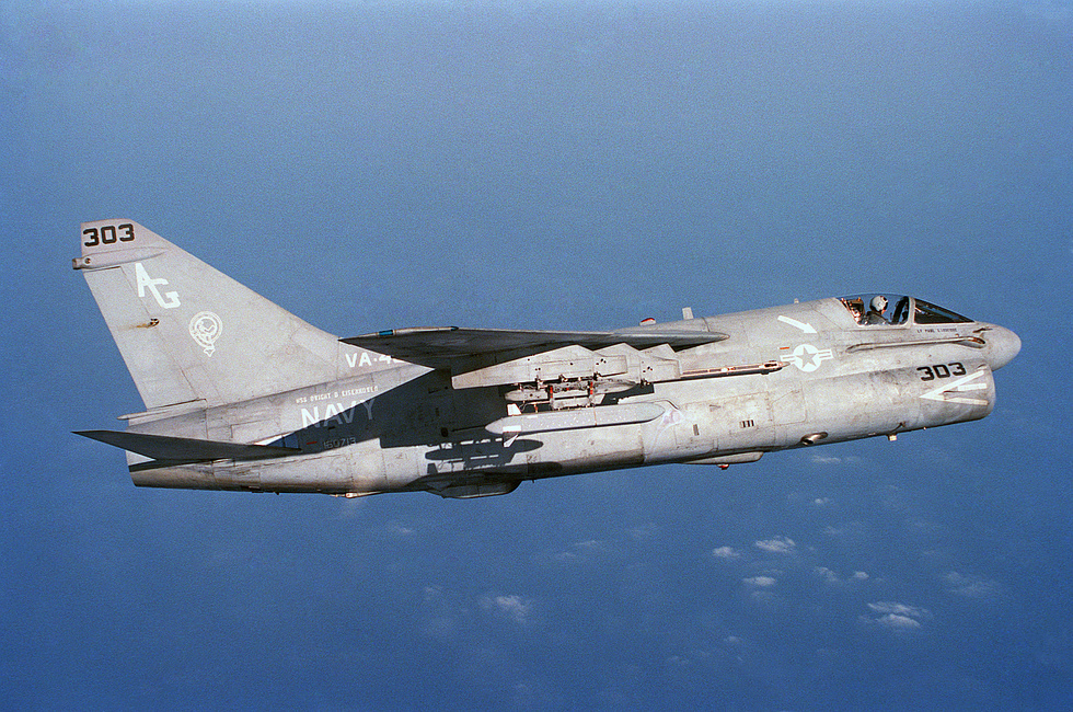 A U.S. Navy A-7E of VA-46 banking in flight, 1988 the subsonic bomb truck at work.