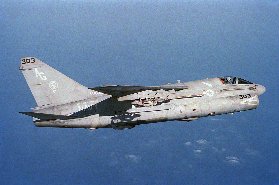 A U.S. Navy A-7E of VA-46 banking in flight, 1988 the subsonic bomb truck at work.