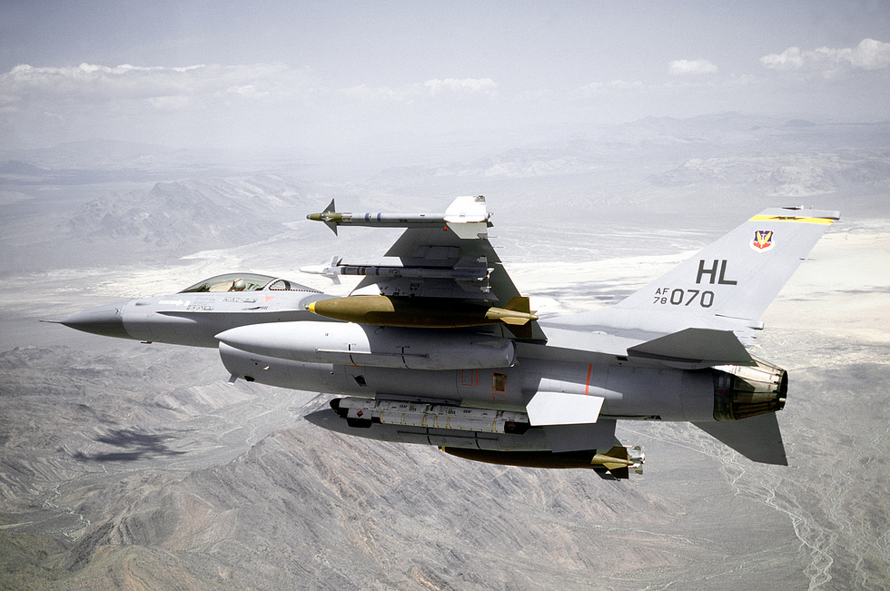An early F-16A near Nellis AFB in 1980 the lightweight day-fighter before decades of upgrades.