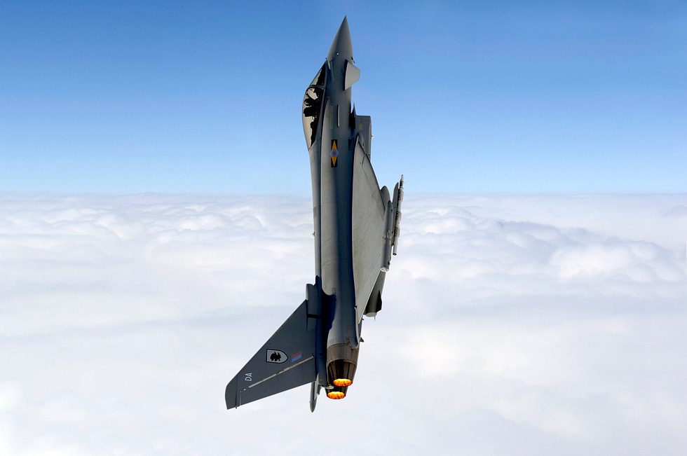 An RAF Typhoon of 11 Squadron in a near-vertical climb the energy performance of an unstable canard-delta.