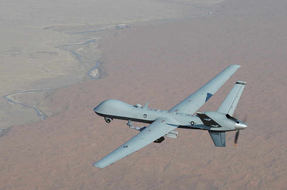 An armed MQ-9 Reaper on a combat mission over southern Afghanistan Hellfire missiles under the wings.