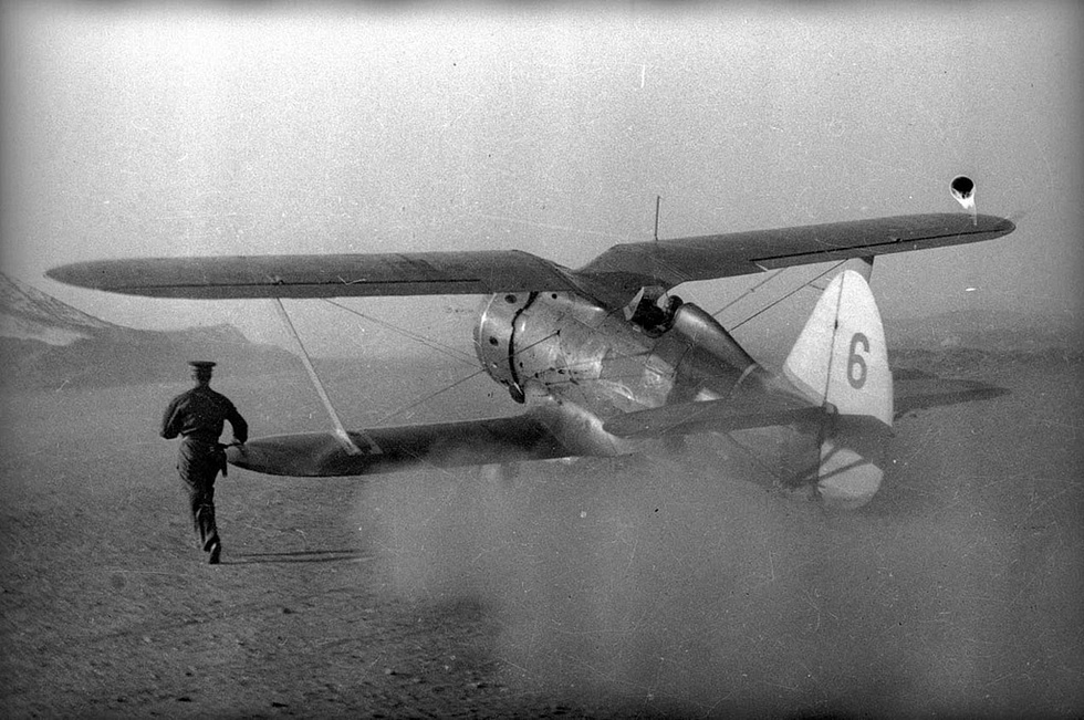 A wartime I-153 of the Soviet Northern Fleet taking off, photographed by Yevgeny Khaldei.