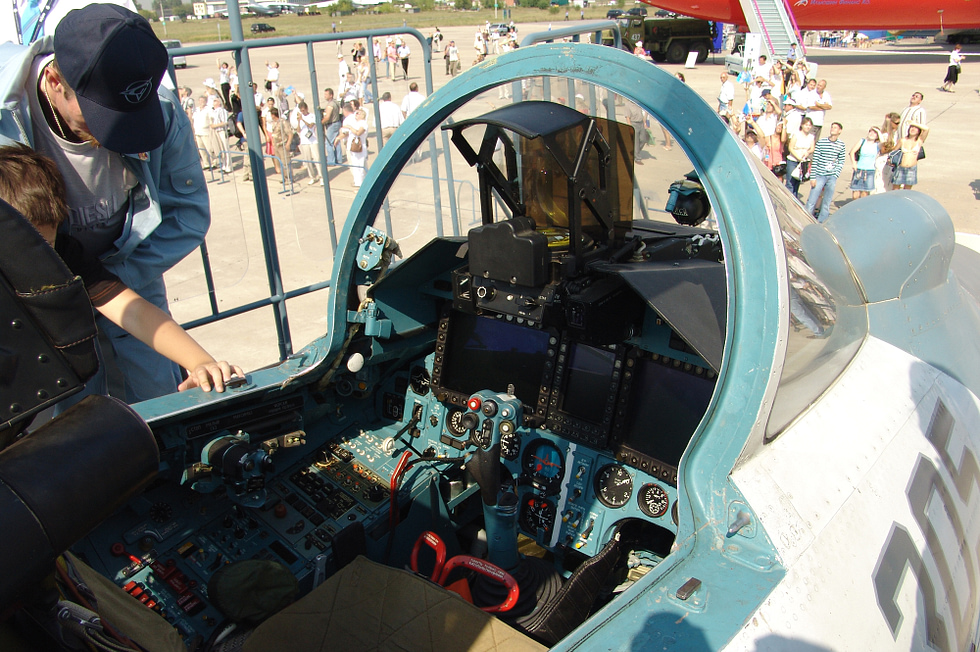 Inside the cockpit of a Sukhoi Su-27 Flanker.