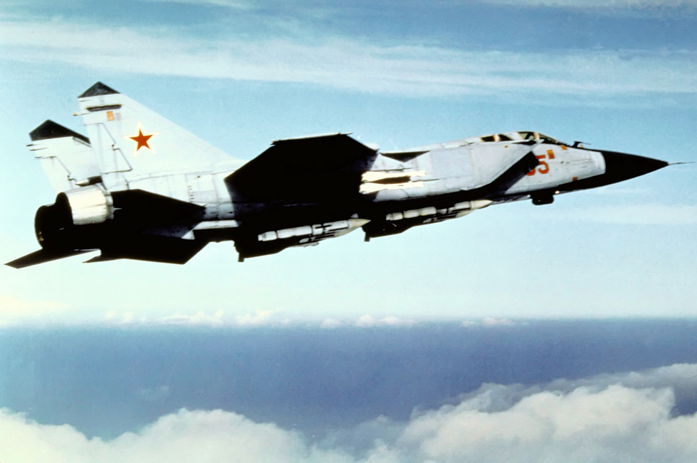 A Soviet Foxhound photographed air-to-air during the Cold War.