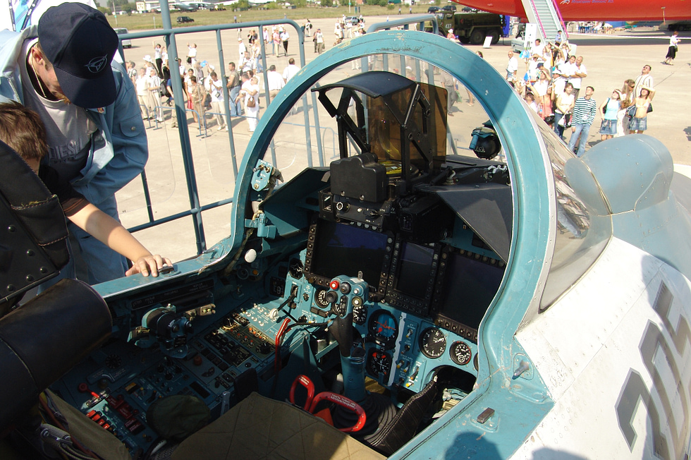 Inside the cockpit of a Sukhoi Su-27 Flanker.