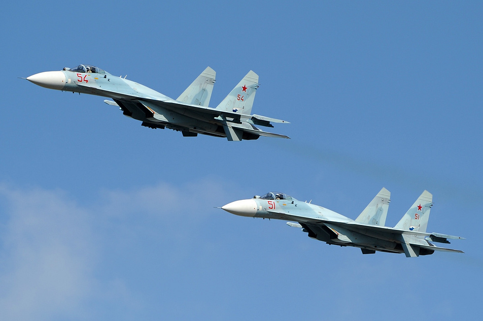 A Russian Air Force Su-27SM3 armed with air-to-air missiles.