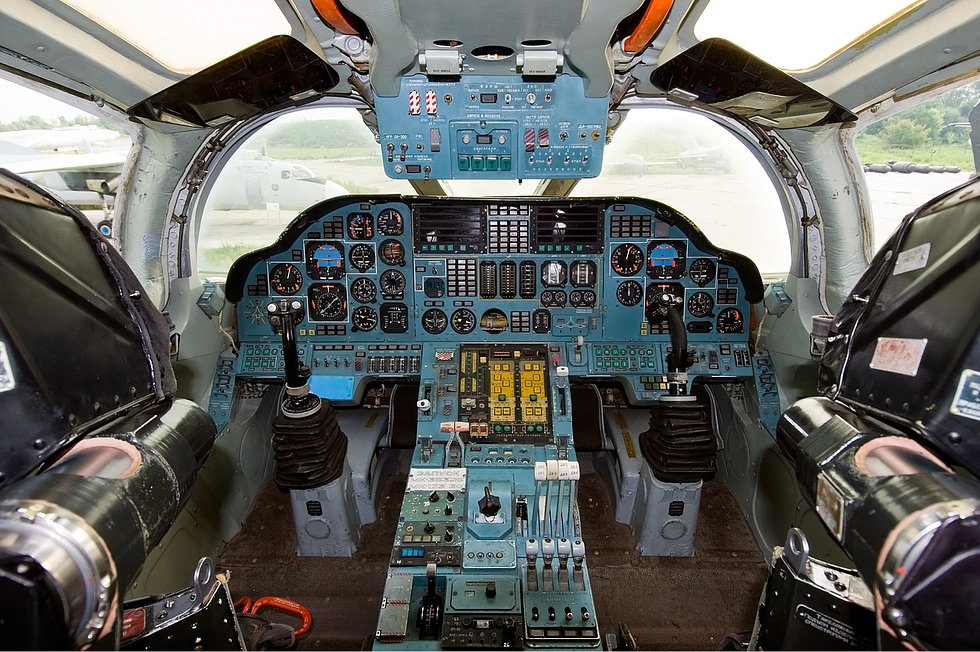 Inside the Tu-160 flight deck a four-seat crew station built for very long missions.