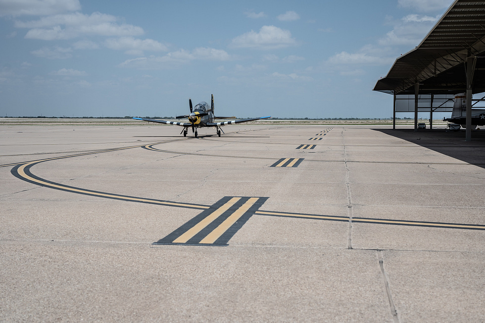 A U.S. Air Force T-6A Texan II taxis down the flightline at Laughlin Air Force Base, Texas.