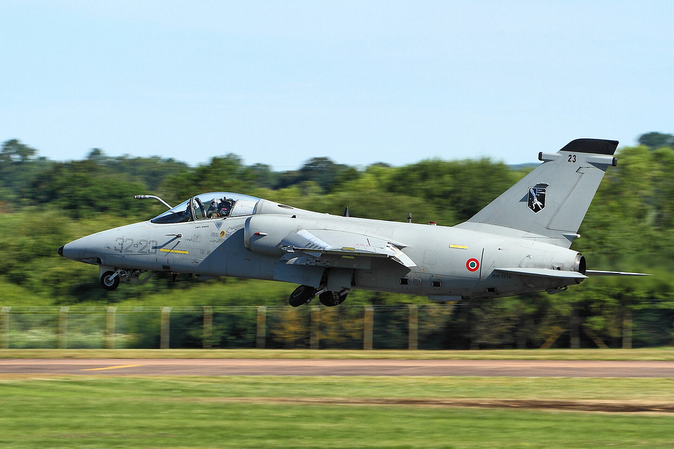 An Italian Air Force AMX (A-11 Ghibli) in flight a compact subsonic strike jet.