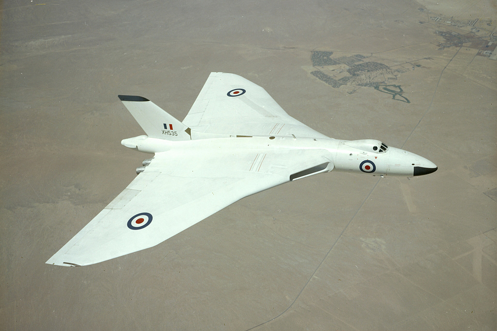 A Vulcan B.2 in flight near Edwards Air Force Base, California, in 1961 the Cold-War bomber at height.