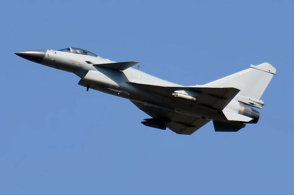 A J-10B in flight note the reshaped diverterless intake under the nose.