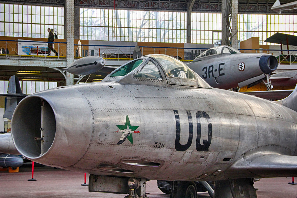 A preserved Ouragan at the Royal Military Museum in Brussels note the straight wing and nose intake.