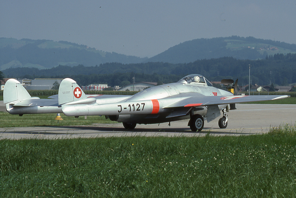 A Swiss Vampire FB.6 (J-1127) on the ground most were built at Emmen.