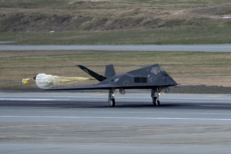 A Nighthawk lands in Alaska during Northern Edge 2023 fifteen years after retirement, the type still flies.