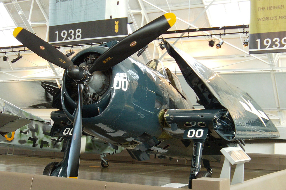 Head-on view of a preserved Hellcat, showing its broad wing and radial engine.