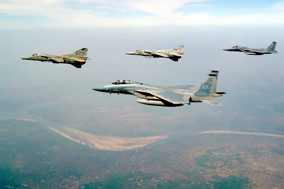 Indian Air Force MiG-27 Floggers flying over India during Exercise Cope India 2004.