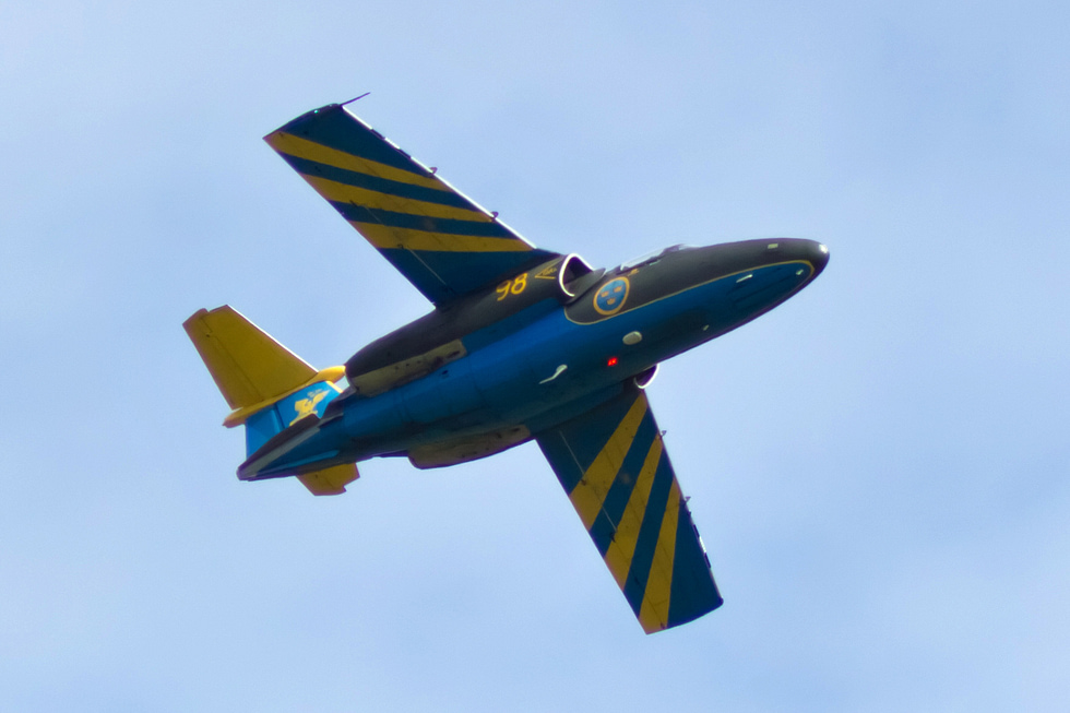 A Swedish Sk 60 flypast in display markings the type stayed a natural aerobatic mount to the end.