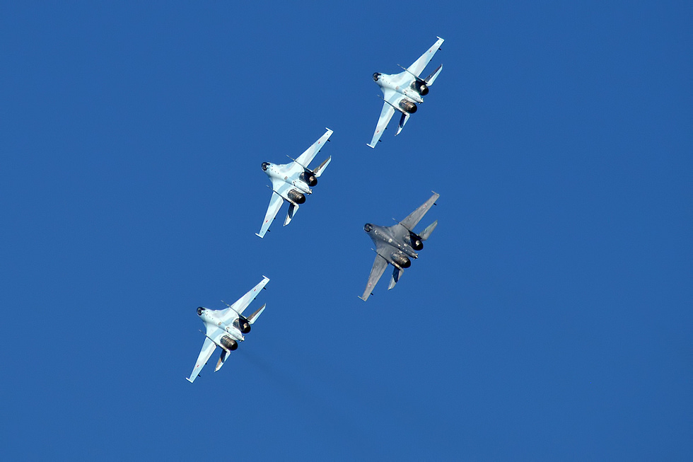A Su-35S in a flight display thrust vectoring gives it near-impossible post-stall agility.