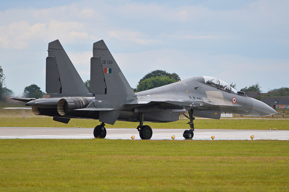 A Su-30MKI in side profile note the foreplane canards ahead of the wing roots.