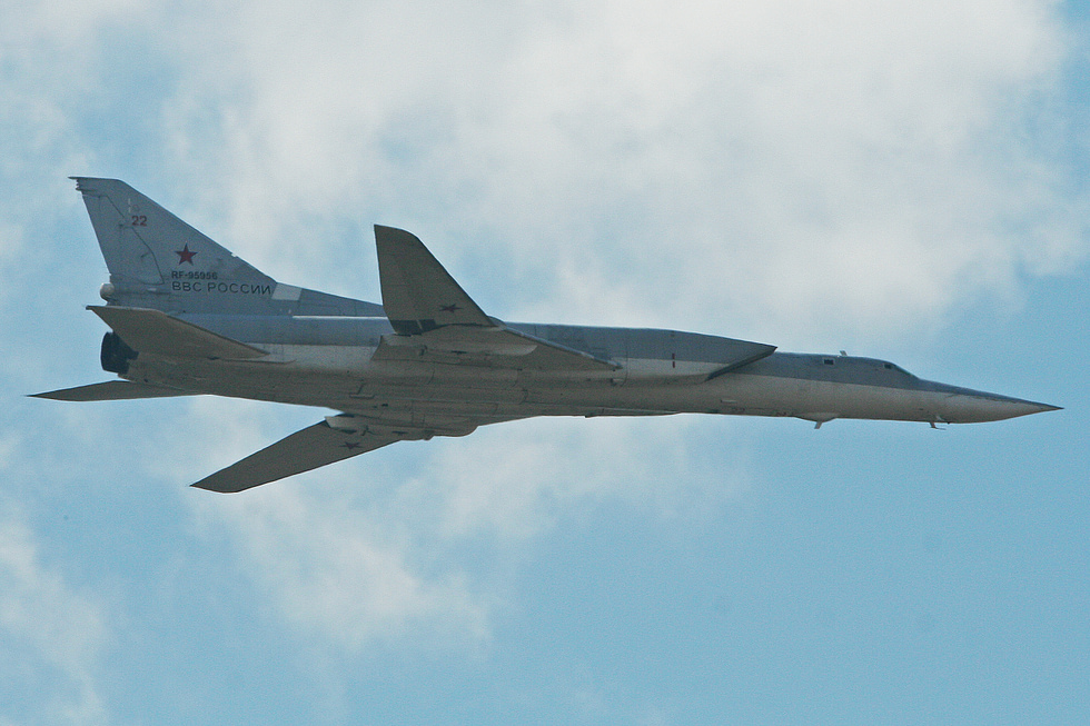 A Tu-22M3 in flight, wings swept a variable-geometry supersonic bomber.