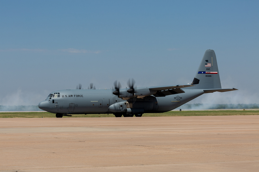A Lockheed Martin C-130J Super Hercules with its distinctive six-blade composite propellers.